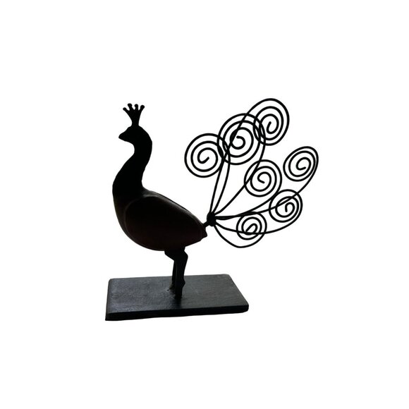Peacock Wood Metal Figurine Sculpture on Base Decorative Desk Note Holder - Picture 3 of 5